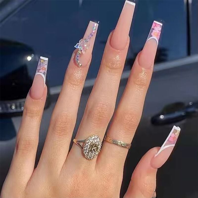 24pcs Nude Coffin Fake Nails European Long Pink Flower False Nails Acrylic Detachable Butterfly Bride Ballerina Nail Art Tips