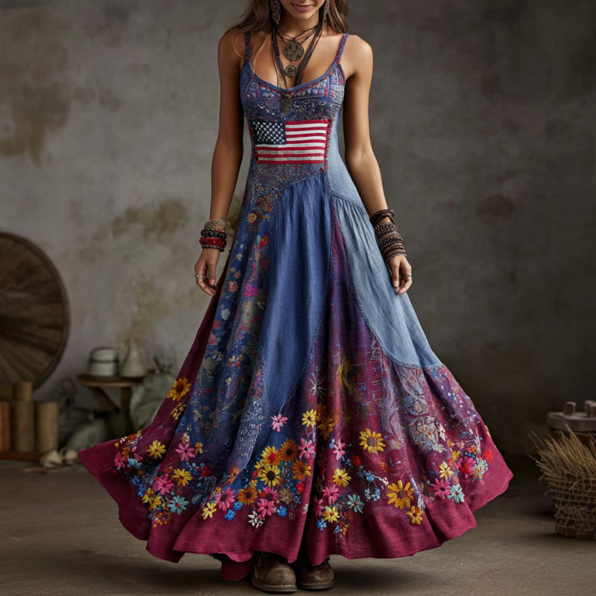 Comstylish Women's Vintage Floral Flag Print Linen Blend Slip Dress