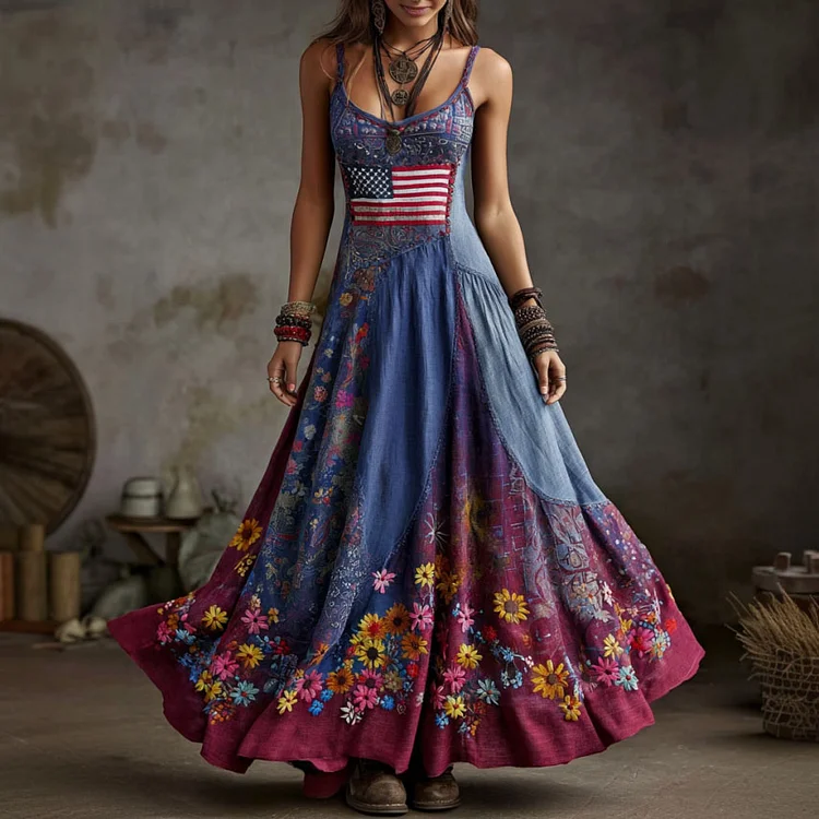 Women's Vintage Floral Flag Print Linen Blend Slip Dress