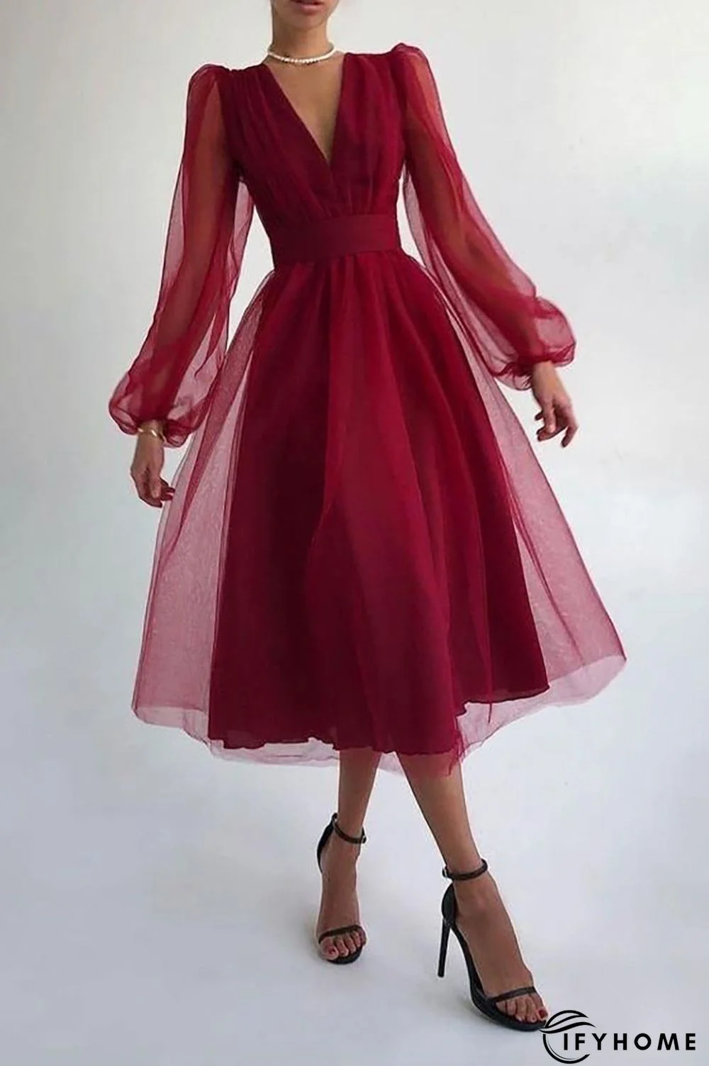 V Neck Tulle Long Sleeve Midi Dress | IFYHOME