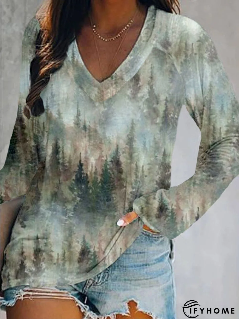 Casual Long Sleeve V Neck Printed Top T-shirt | IFYHOME