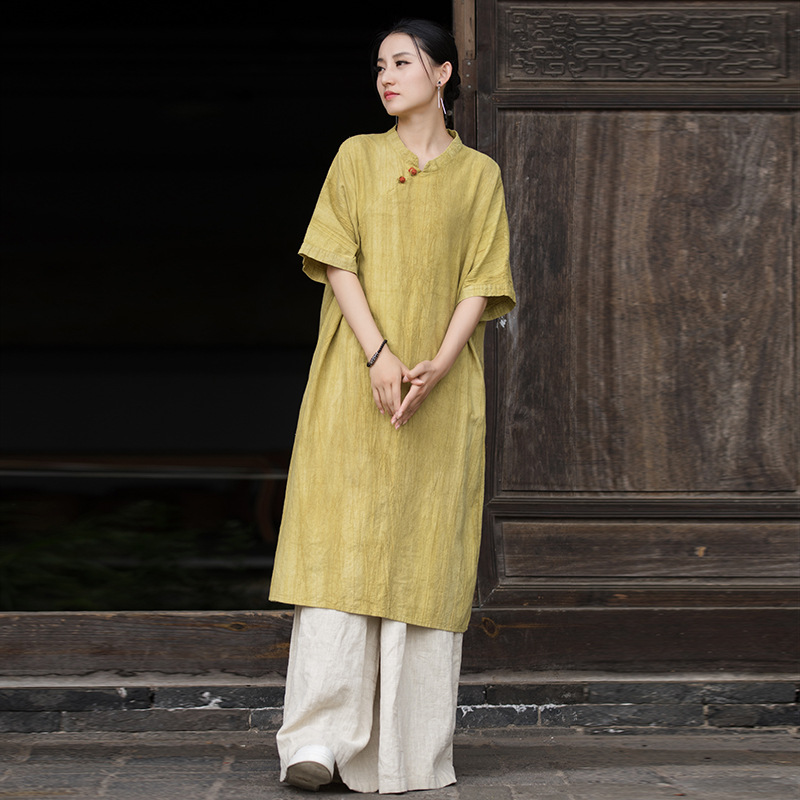 Original Hand Tie-Dye Loose Fit Chinese Style Stand Collar Asymmetrical Qipao Dress