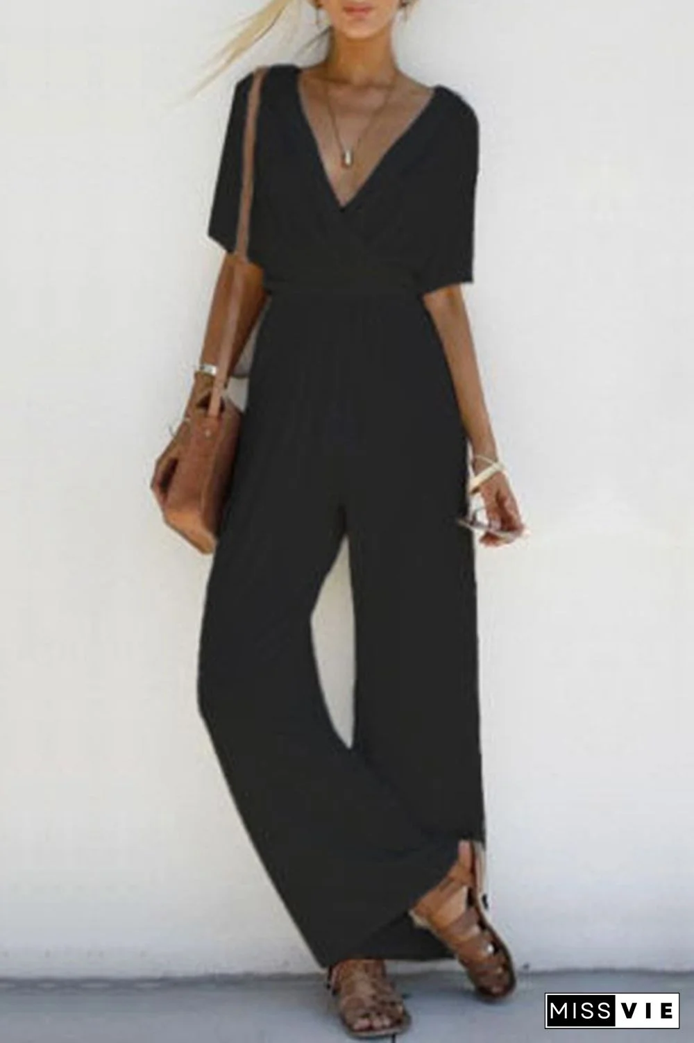 Casual Solid V Neck Straight Jumpsuits(3 Colors)