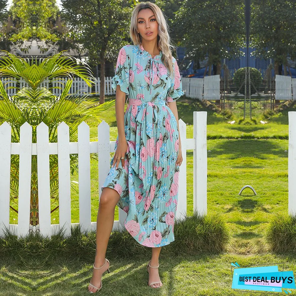 Printed Light Mature Style Long Skirt Ruffle Design Sensuous Mori Dress