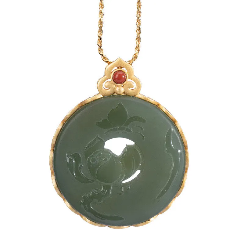 Cyan Jade Lotus 925 Sterling Silver Round Butterfly Luck Necklace Pendant