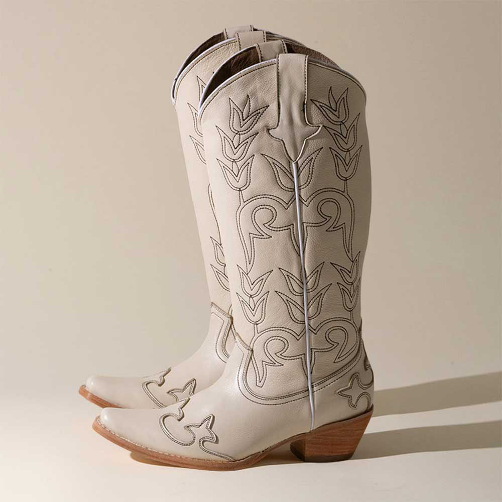 Ivory Pointed Toe Chunky Heel Embroidery Inlay Cowgirl Boots Nicepairs