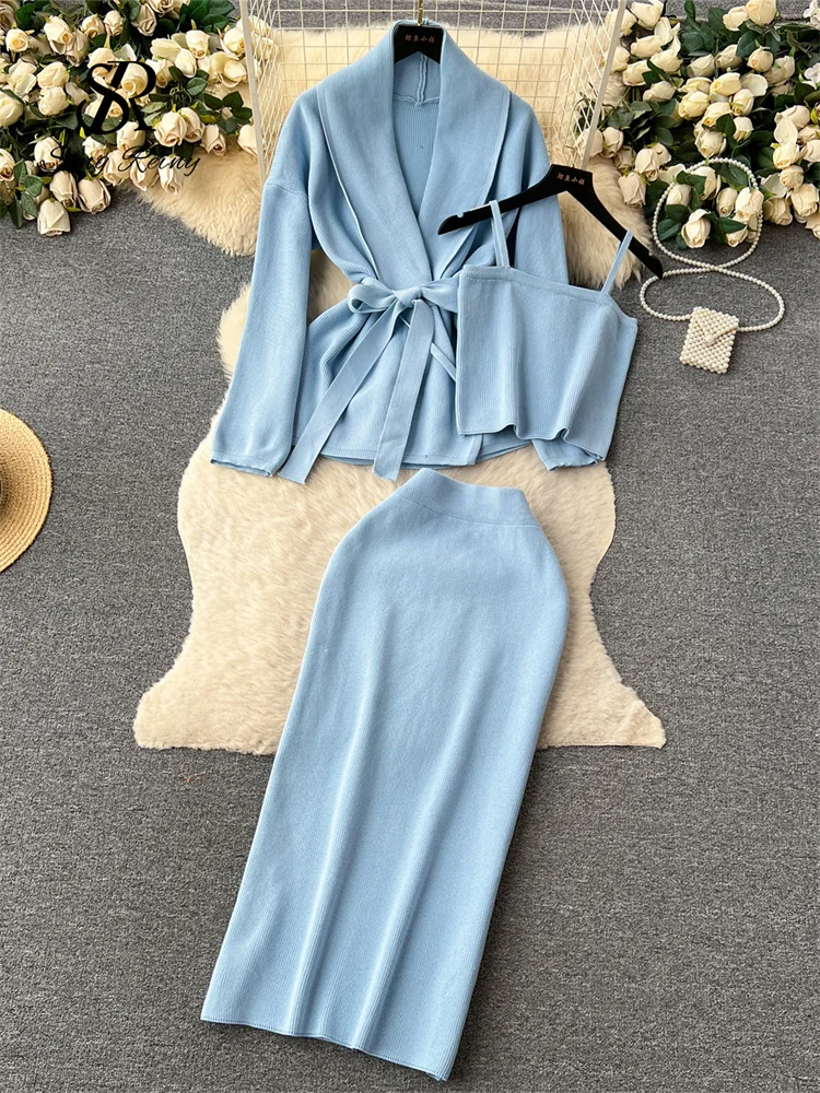 Huibahe Fashion Blue Knitted Three Pieces Sets Women Lace Up Warm Cardigans+Camis+Long Skirt 2024 Elegant Thick Sweater Suits