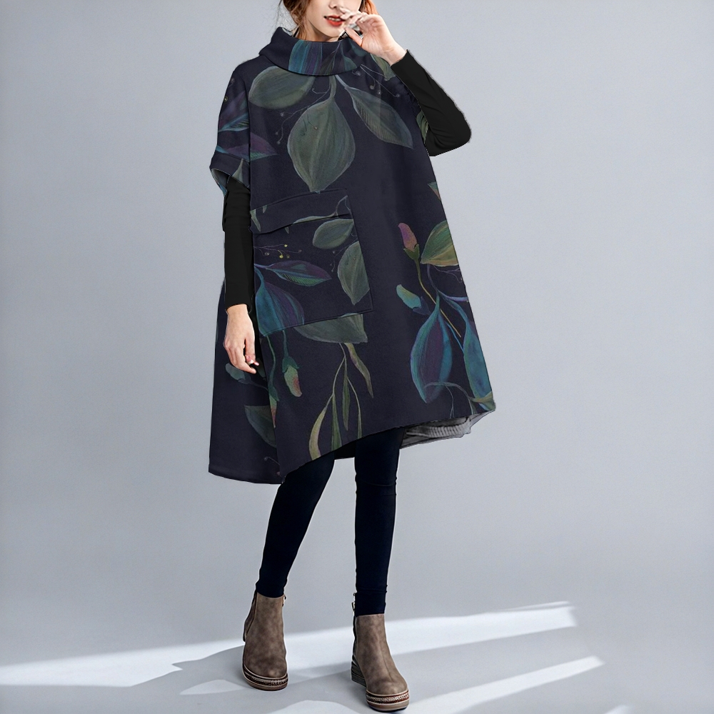 Abstract Printed Loose Turtleneck Pocket Patchwork Midi Dress