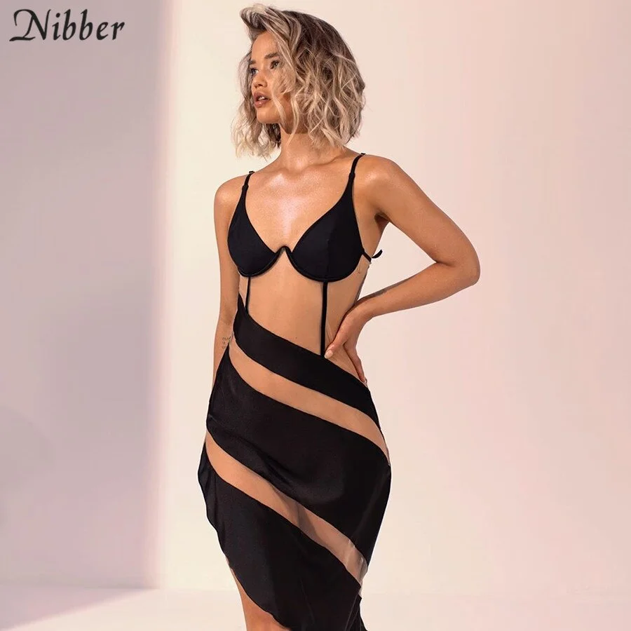 Nibber Sexy Hot Patchwork Mesh See-Through Spaghetti Strap Skinny Dress For Women 2020 Fashion Club Party Bodycon Dresses Mujer