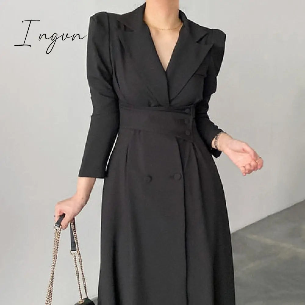 Ingvn - High Waisted Maxi Dresses For Women Long Sleeve Double Breasted Chic Korean Fashion Notched