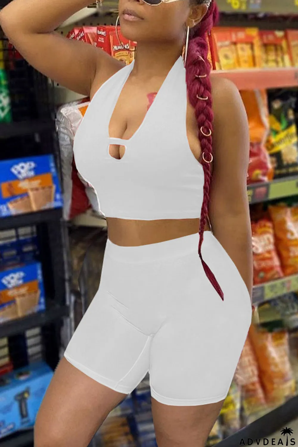 Black Sexy Solid Patchwork V Neck Sleeveless Two Pieces