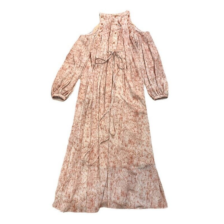 Elegant Pink Tie-dye O-neck Waist Lacing Off The Shoulder Lantern Sleeve Dress 