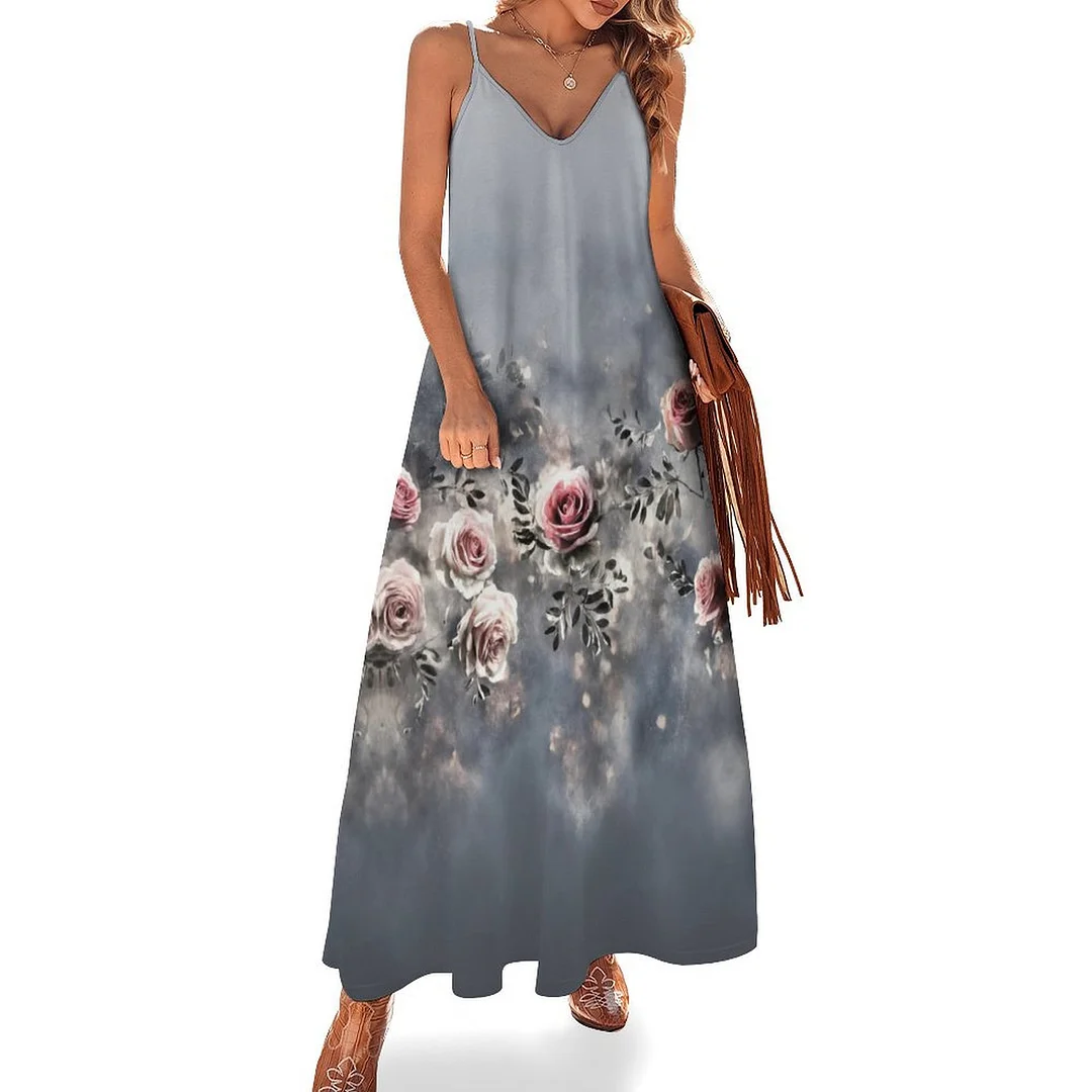 Style & Comfort for Mature Women Plus Size Printed Sling Casual Women Maxi Dress in Pattern Floral, Gray