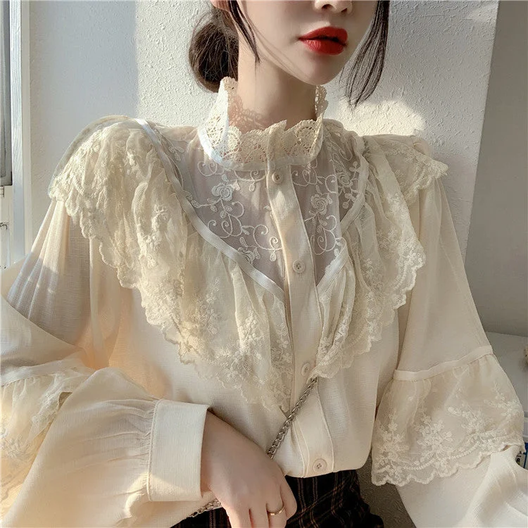 Vintage Loose High Neck With Lace Ruffled Long Sleeve Blouse