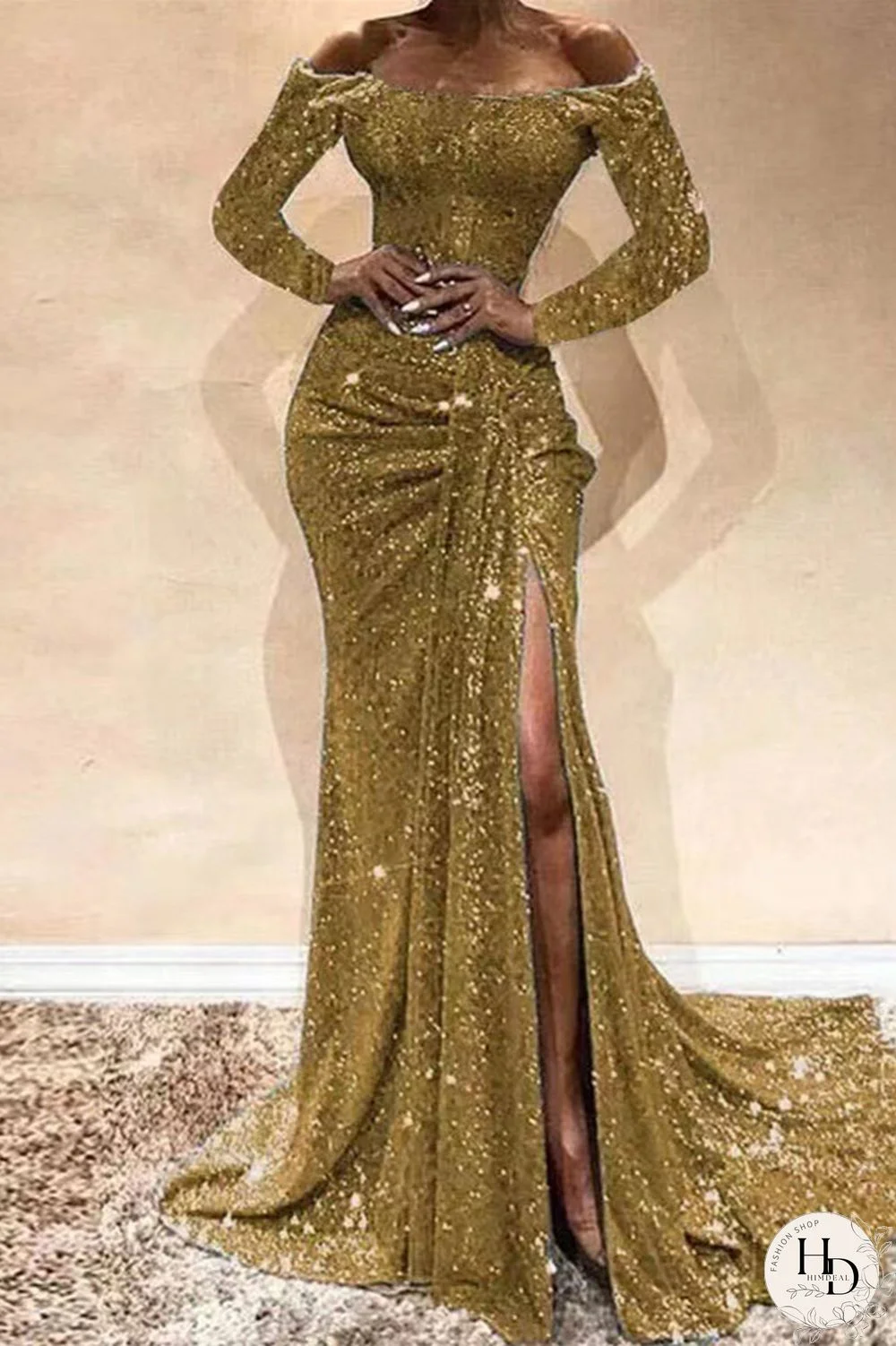 Gold Sexy Formal Solid Patchwork Slit Off the Shoulder Evening Dress Dresses