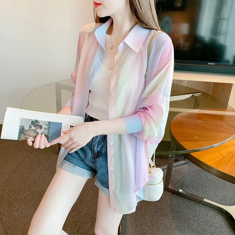 Woherb Rainbow Sunscreen Ice Silk Shirt Coat In Long Long Sleeve Fairy Chic Jacket Summer Thin Outside Air Conditioning Shirt-Outfit Ideas