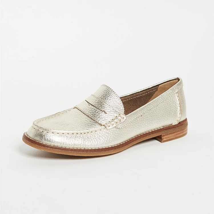 Champagne Litchi Grain Flats Round Toe Penny Loafers for Women |FSJ Shoes