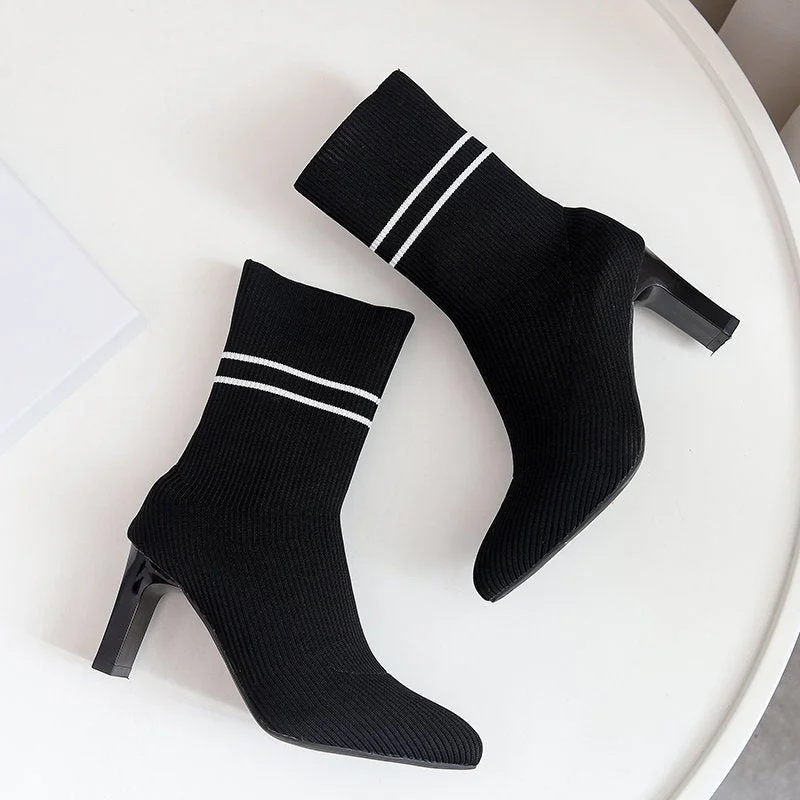 Sexy Knitting Boots High Heels Dress Shoes 2020 New Pointed Toe Fashion Booties Black Striped Stretch Fabric Botas Mujer