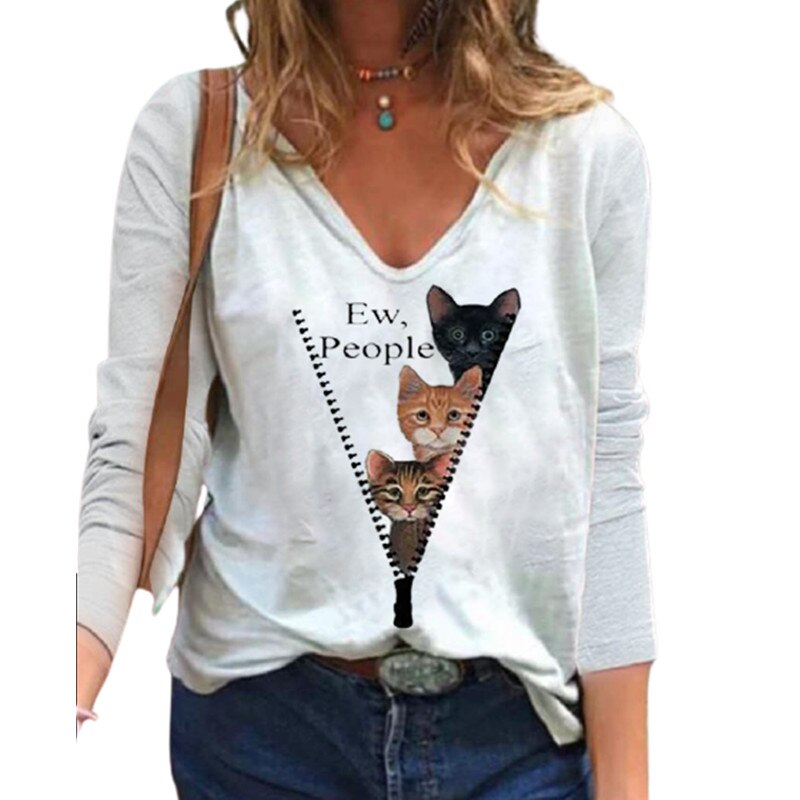 Fashion Cat Print T-shirt Casual V-neck Long Sleeve White Tops