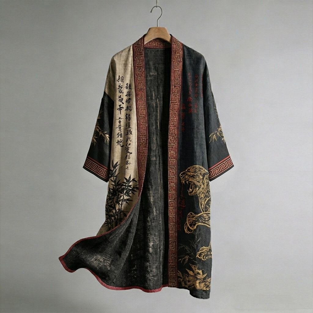 Japanese Black Panther And Calligraphy Bamboo Leaf Art Casual Linen Kimono elevenforest