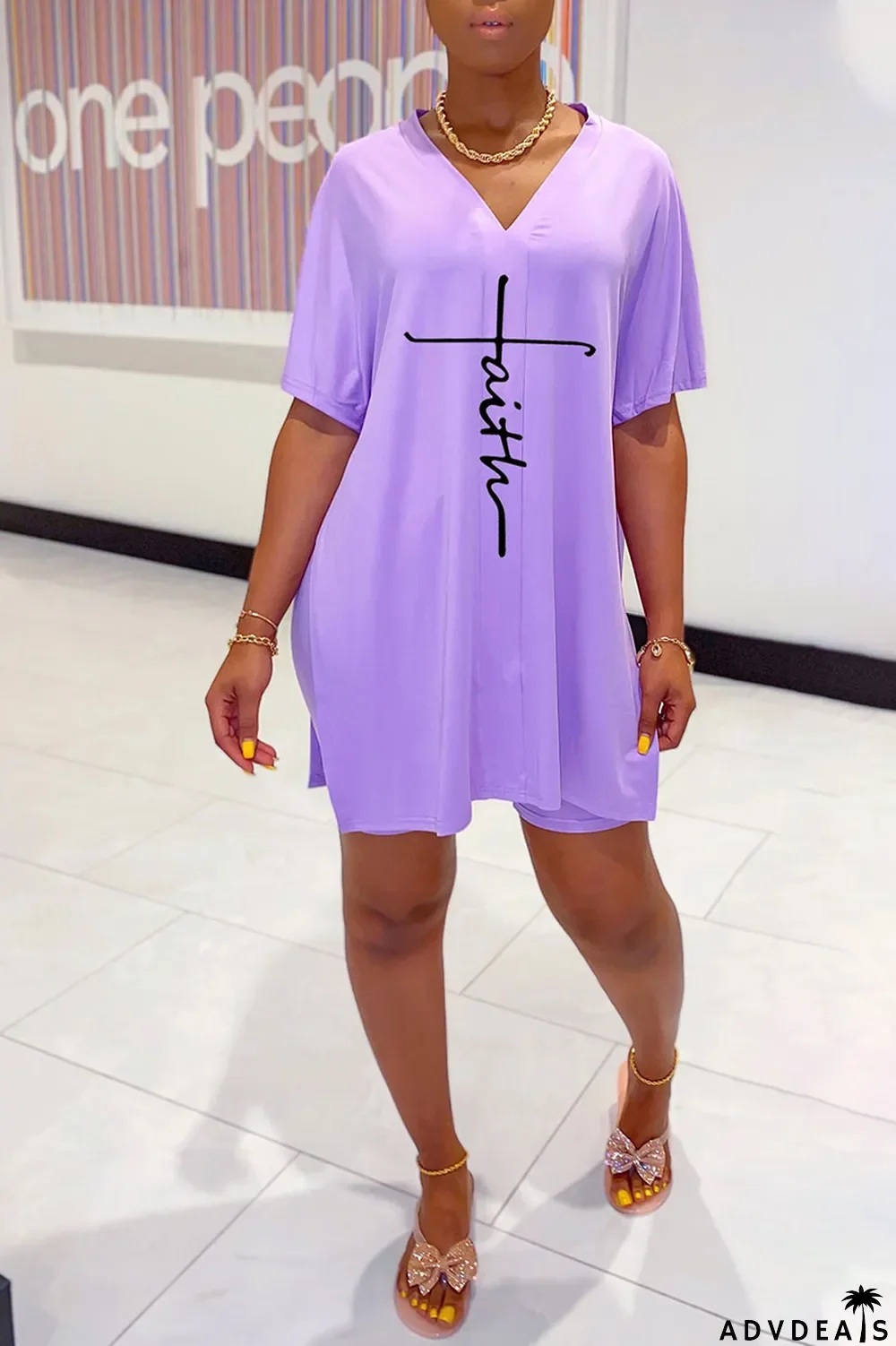 Tangerine Red Casual Print Split Joint V Neck Short Sleeve Two Pieces