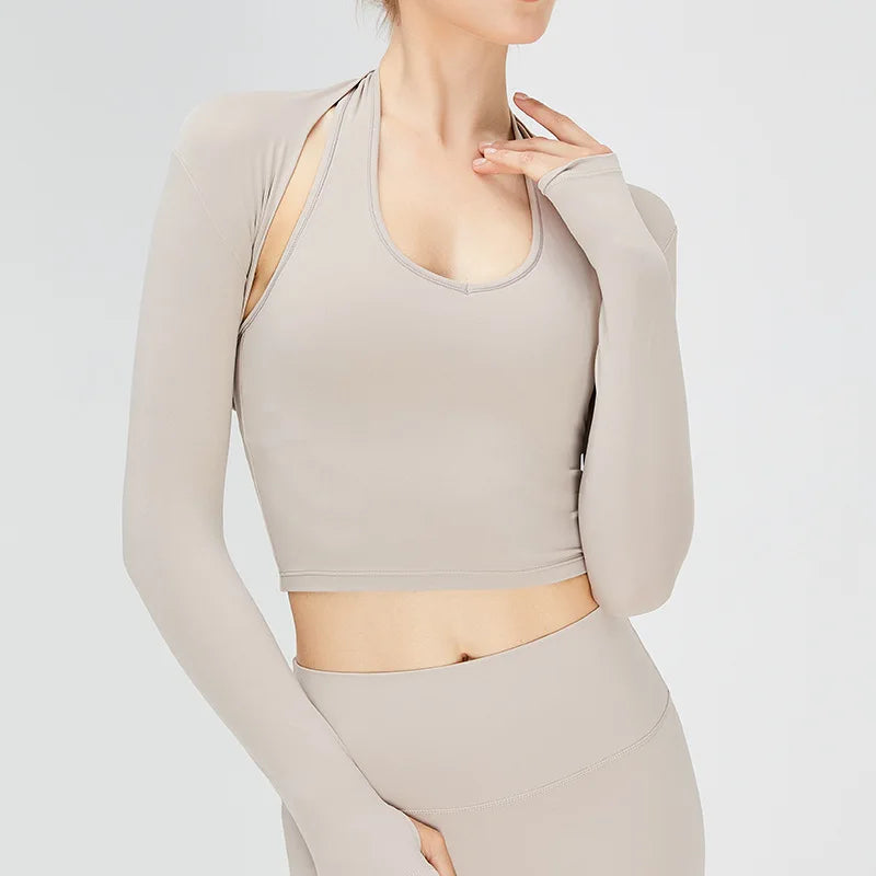 Llyge Yoga Shawl Women's Long sleeved Cardigan Fitness Small Sweat Shoulder Brushed Comfortable Elastic Versatile Sports Top llyge