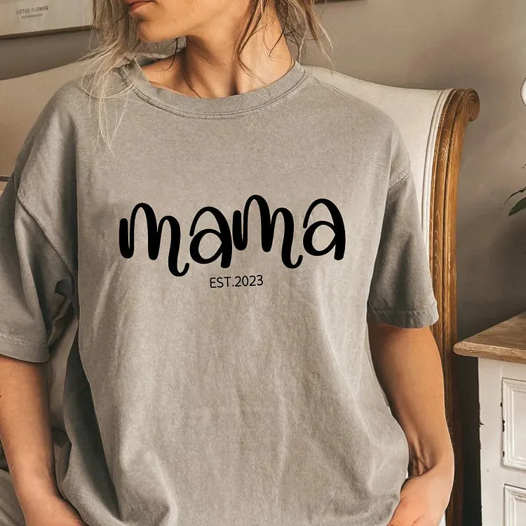 Personalised Chest Text Customization Mama Est Year T-shirt, with Children's Names on the Sleeve, Mother's Day Gift