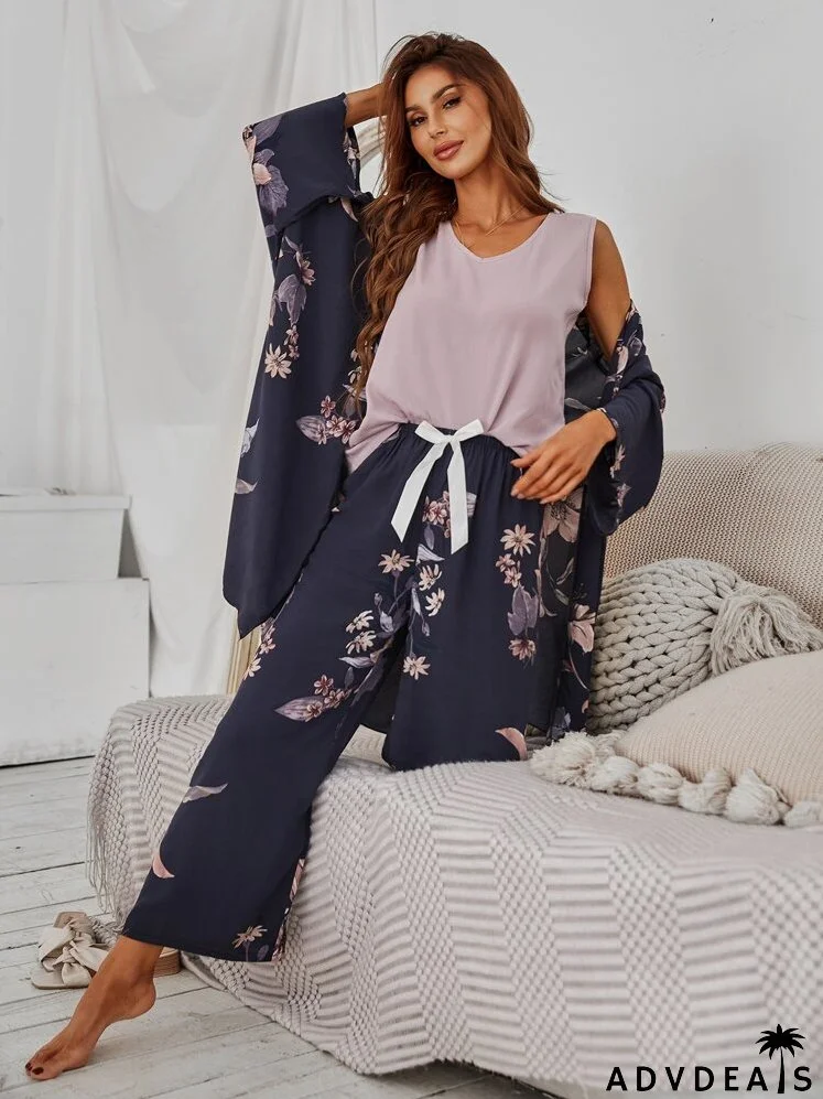 Floral Print Robe & Tank Top & Pants PJ Set