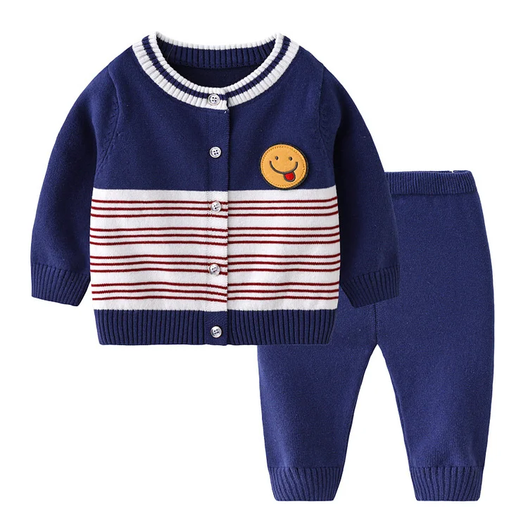 Baby Boy/Girl Ribbed Knit Smiling Face Stripe Pattern Sweatshirt with Pants Set