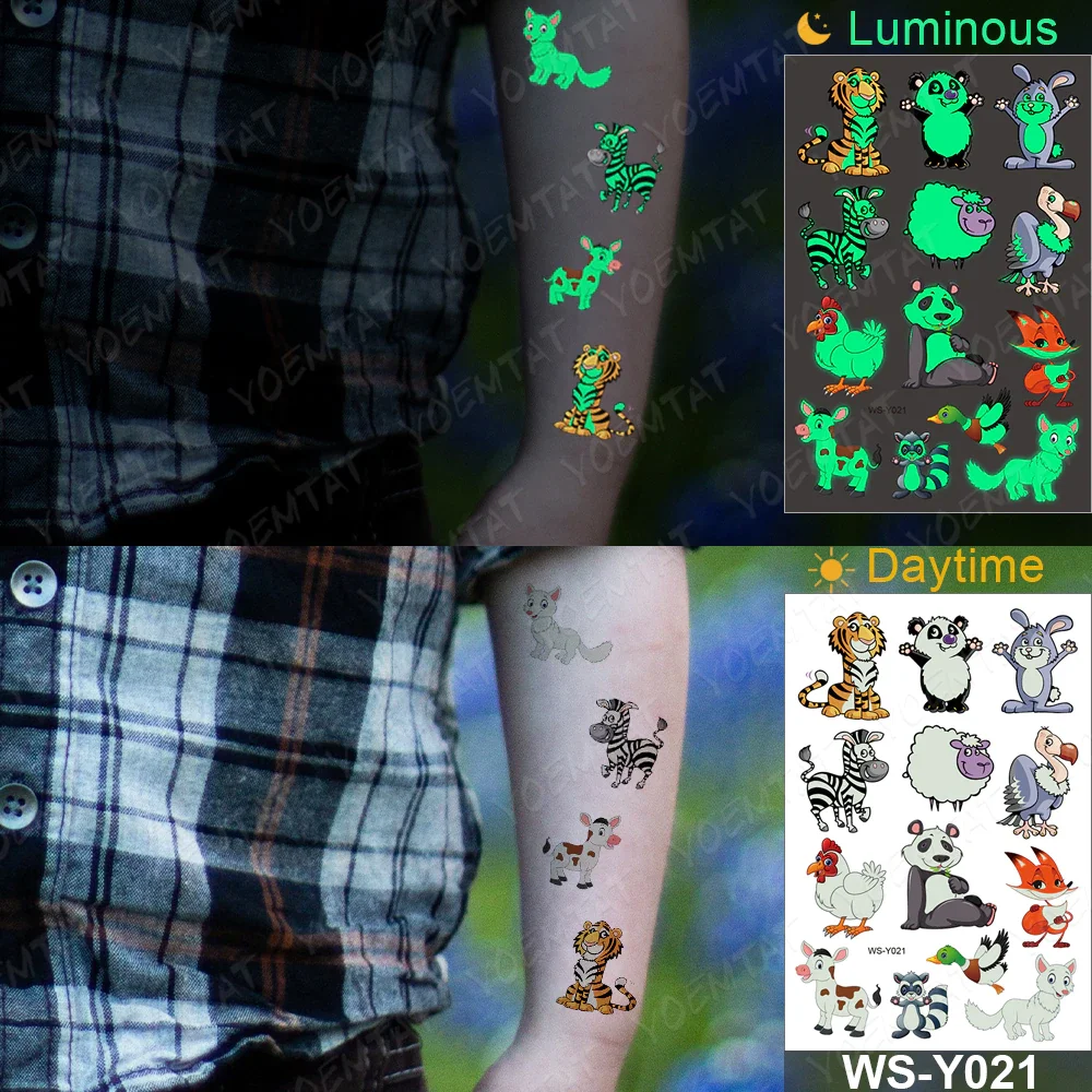 Sdrawing Temporary Tattoo Sticker Glowing Panda Fox Tiger Cute Animal Luminous Children Tatoo Kid Body Arm Glitter Fake Tatto