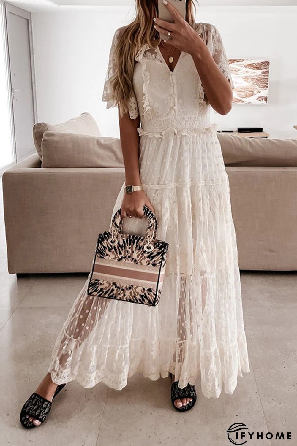 Button Lace V Neck Short Sleeve Maxi Dress | IFYHOME