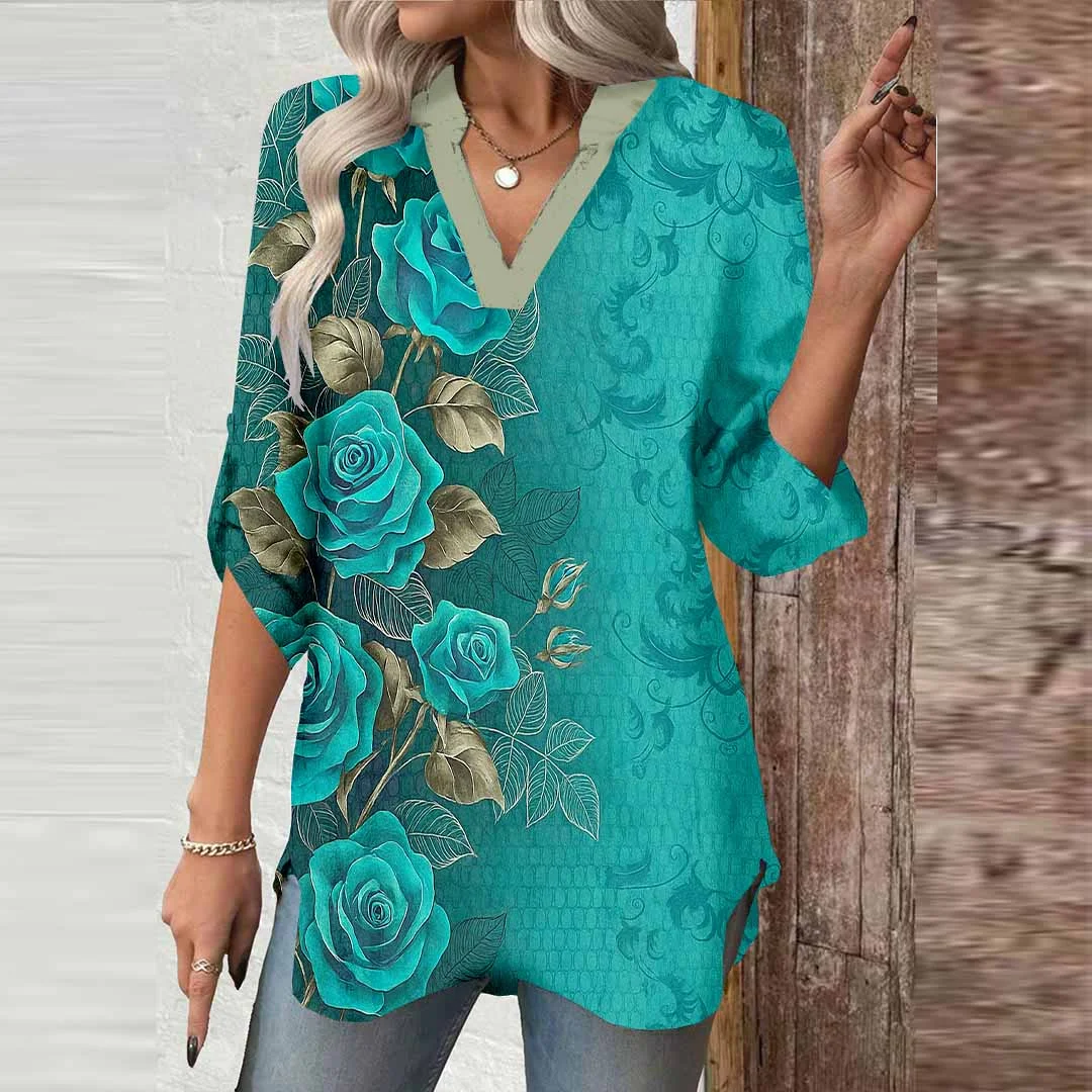 Women Floral, Turquoise, Rose DZGA0700 3/4 Sleeve V-neck Printed Graphic Button Tops