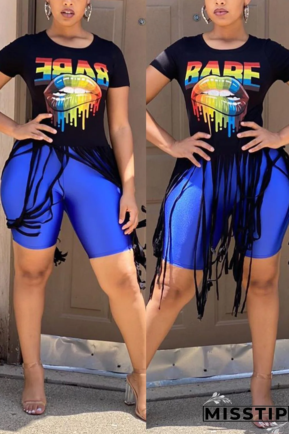 Black O Neck Short Sleeve Print tassel Tops