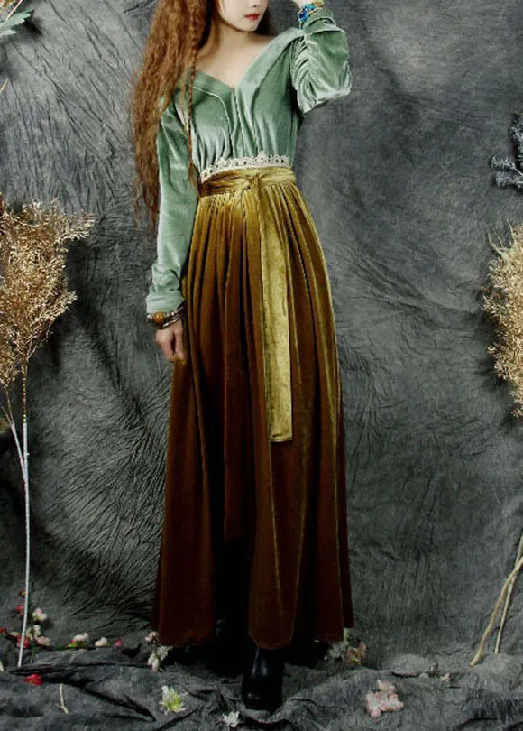 Modern Green O Neck Patchwork Side Open Silk Velour Dresses Summer