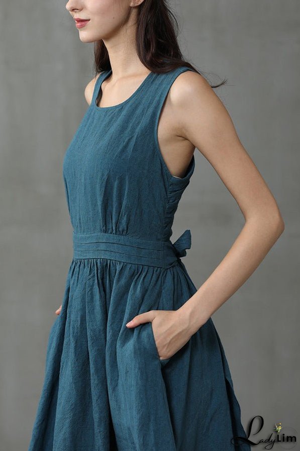 Cross Back O Neck Maxi Linen Dress