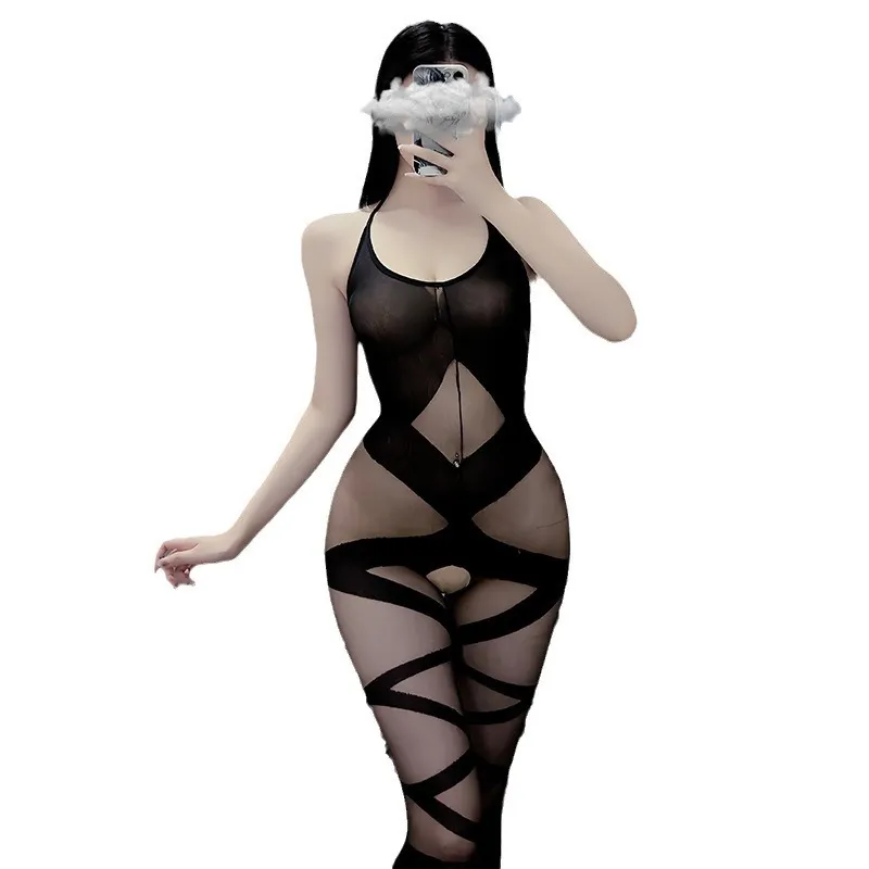 Churchf Sex Lingerie Sexy Netting Perspective Set Hanging Neck Cross-Bundling Pattern Joint Stockings Open 8160