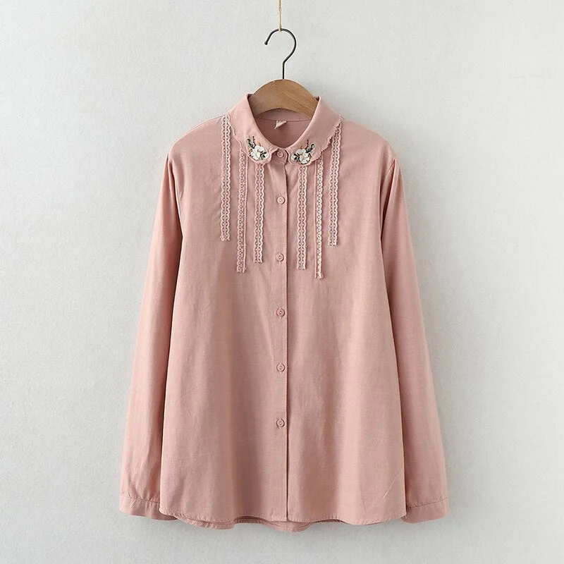 2021 New Fine Women's Tops Flowers Embroidery Shirts Woman Long Sleeve Blouse White Green Lady Loose Cotton Shirts Clothes