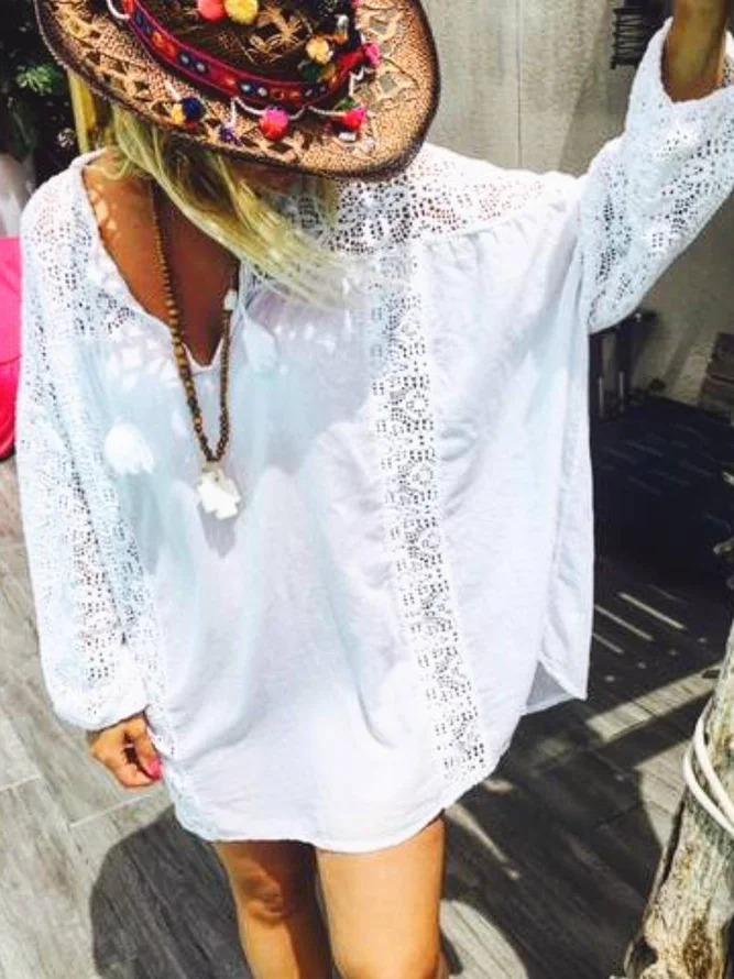 Lace Paneled Long Sleeve Holiday Shirts & Tops