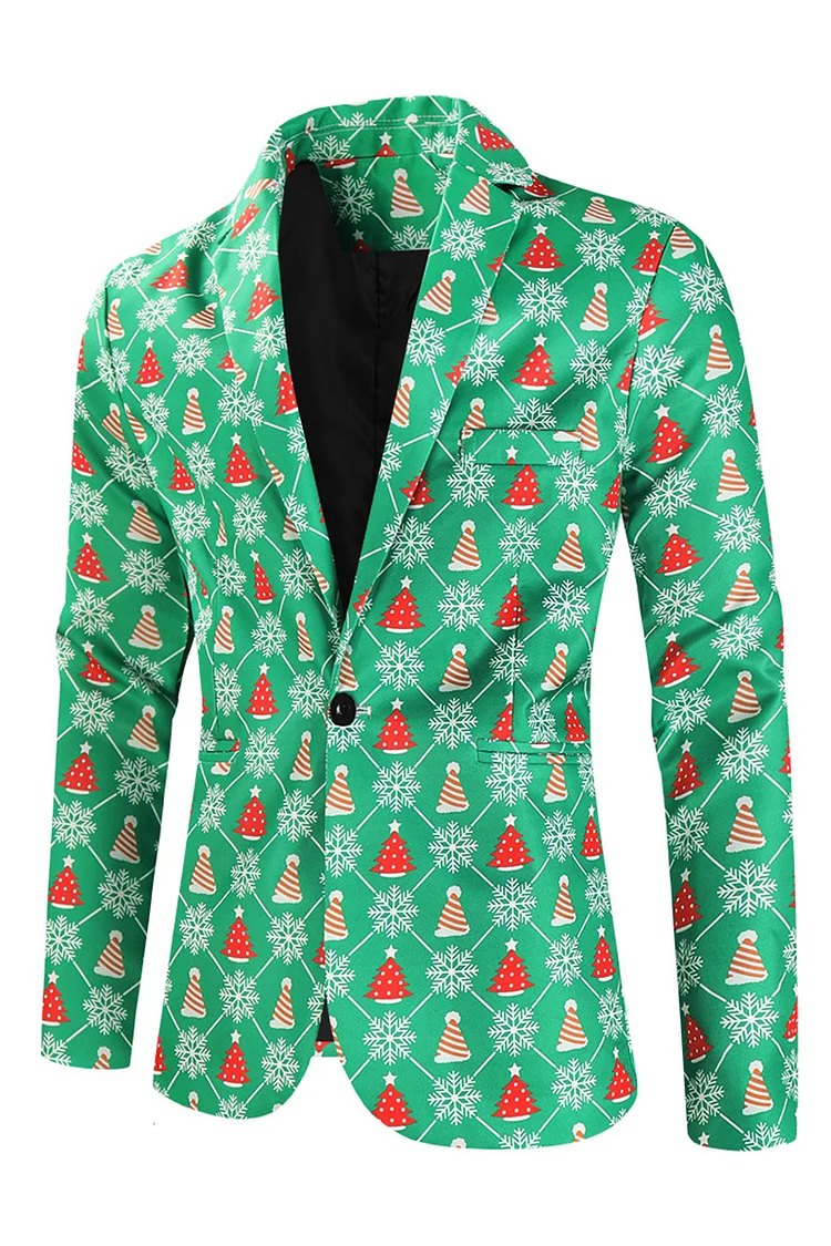 Christmas Tree Snowflake Print Long Sleeve Slim Fit Blazer