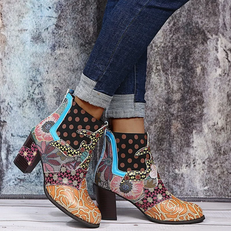 Wongn Wongn Plus Size Bohemian Female Martens Ethnic Style Casual Vintage Stitching High Heel Short Leather Boots