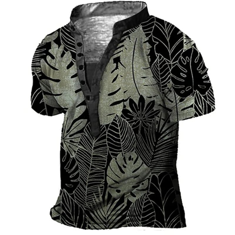Men's Outdoor Sports Short Sleeve Tropical Print Henley T-shirt