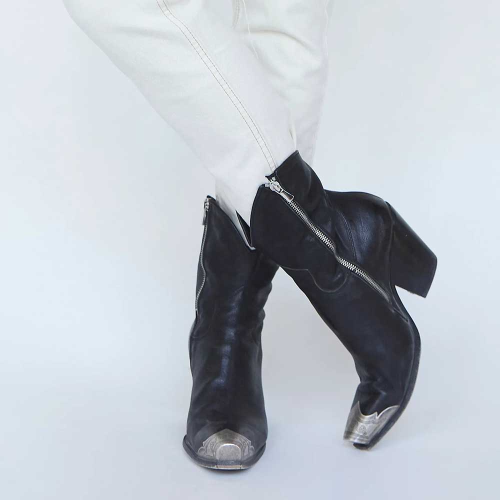 Black Vegan Leather Metallic Snip Toe Side-Zip Cowgirl Ankle Boots    Nicepairs