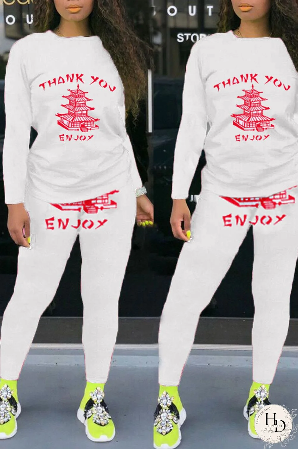 Colour Street Letter Print Patchwork O Neck Long Sleeve Two Pieces