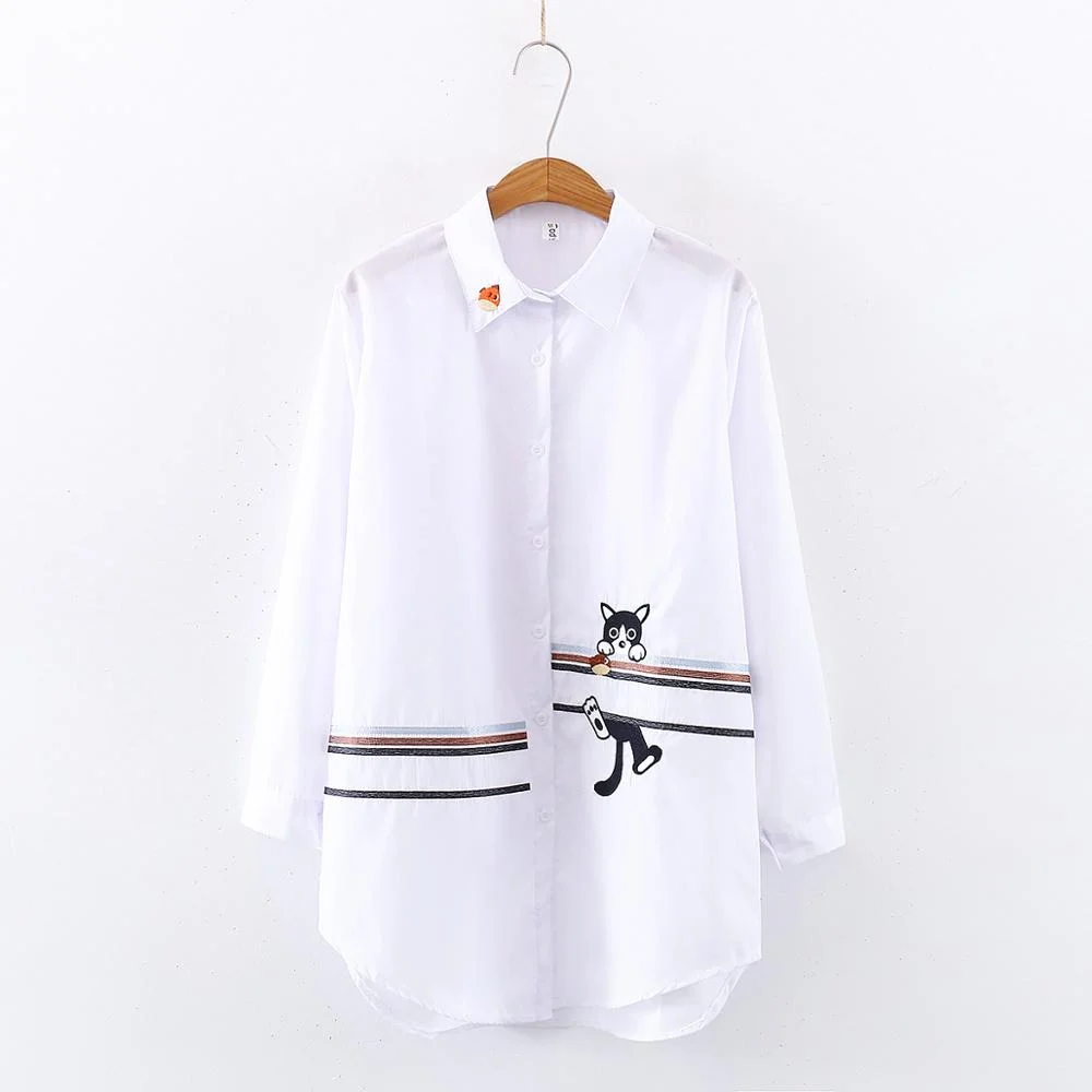 2020 New Women Embroidery Long Sleeve White Shirt Button Up Turn Down Collar Cute Cartoon Blouse Long Tops Feminina Blusas T9D62