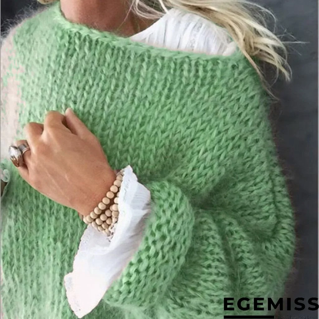 Green Solid Off Shoulder Knitted Casual Sweater | EGEMISS