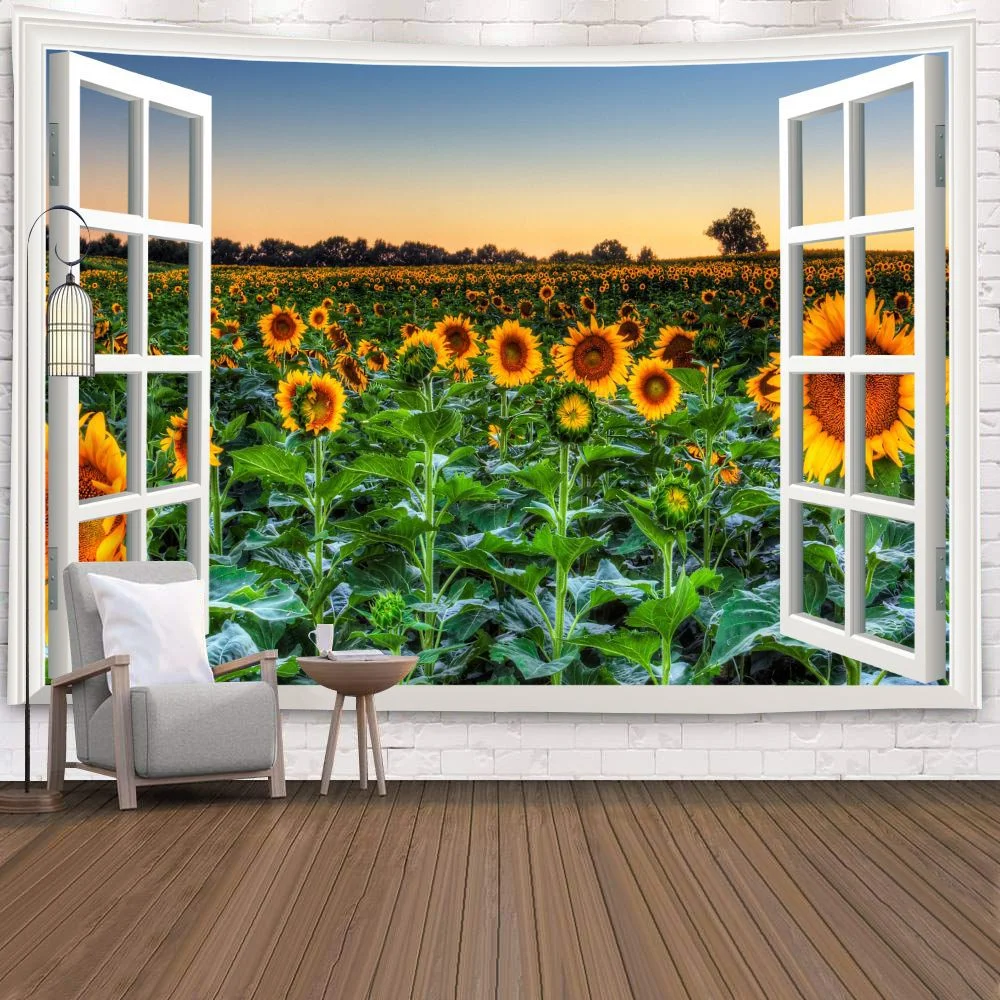 Window Tapestry View Green Plant 3D Sea Flowers Wall Hanging Carpet Blanket Bedspread Yoga Towel Home Beach Wall Decor Dropship