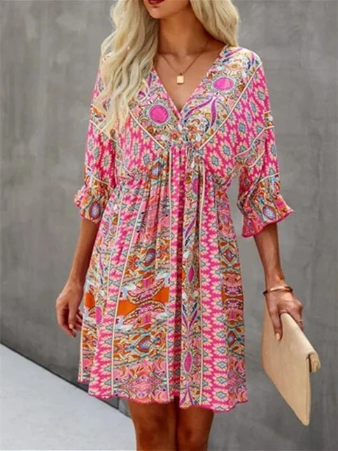 Women's Short Sleeve V-neck Floral Printed Lace-up Midi Dress