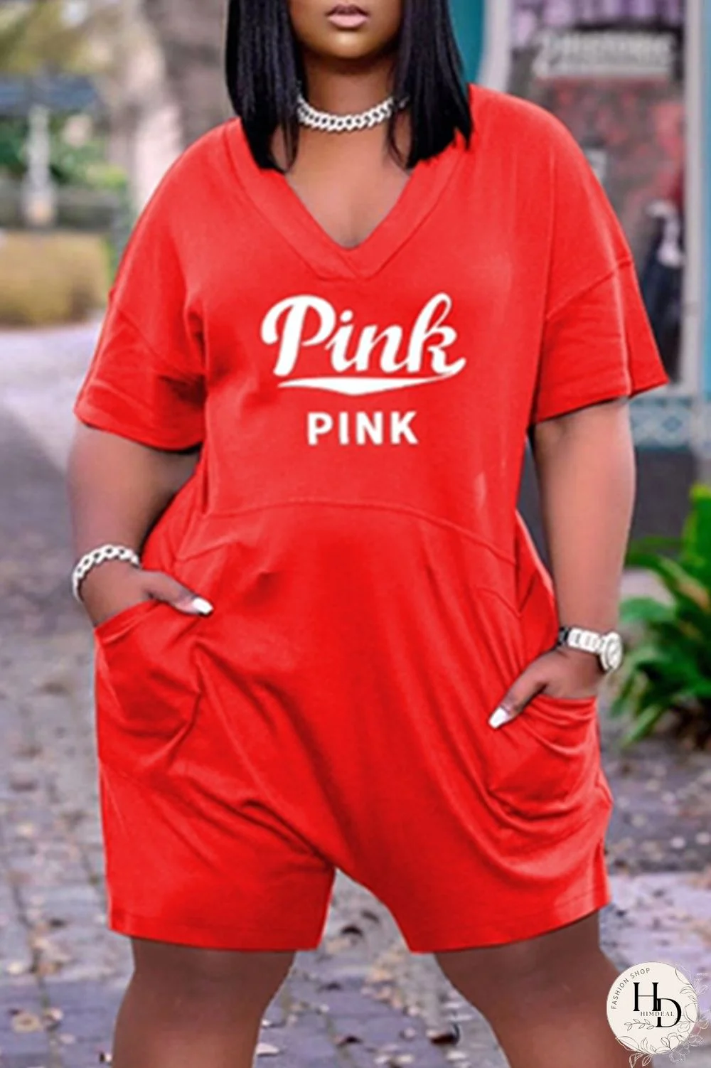 Red Fashion Casual Letter Print Basic V Neck Plus Size Jumpsuits