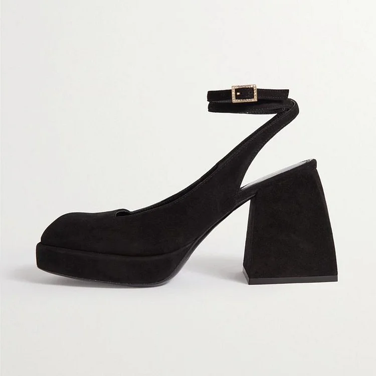 Black Vegan Suede Ankle Strap Shoes Classic Platform Block Heel Pumps |FSJ Shoes