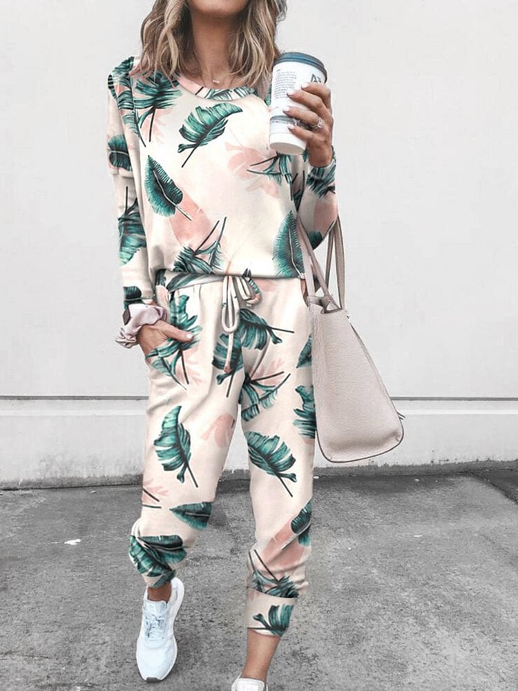 Casual Loose Leaf Print Long Sleeve Tops and Pants Two-Piece Suit